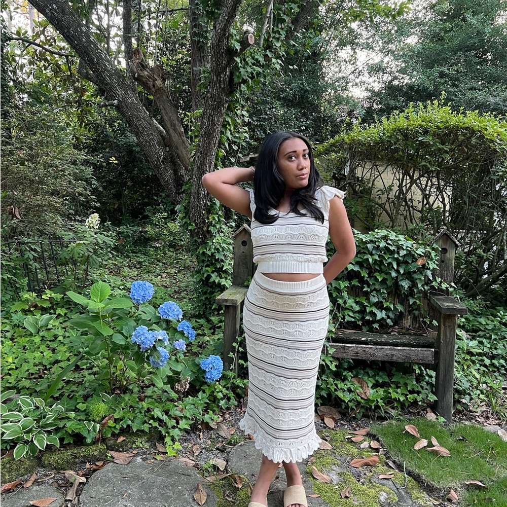Cream and Black Knit Crop Top and Skirt Set